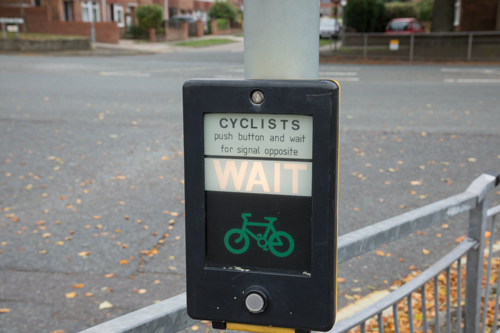 Beg button for cyclists at A59 Junction with Holgate Park Drive