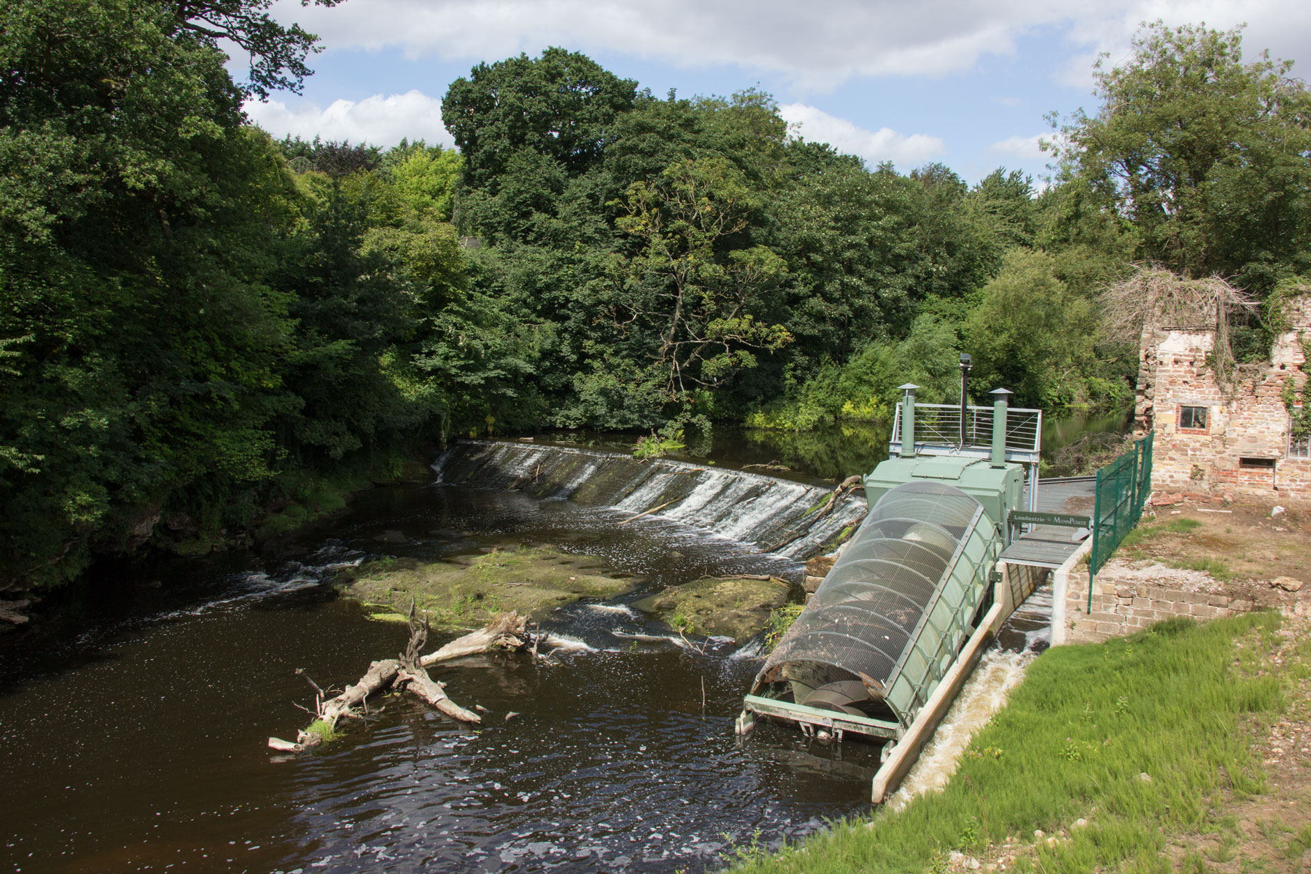 Weir and Archimedes screw at Goldsborough Mill Farm