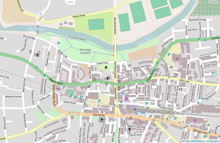 Map showing Ilkley town centre and Riverside Gardens