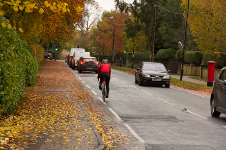 Narrow painted cycle lane on Oatlands Drive