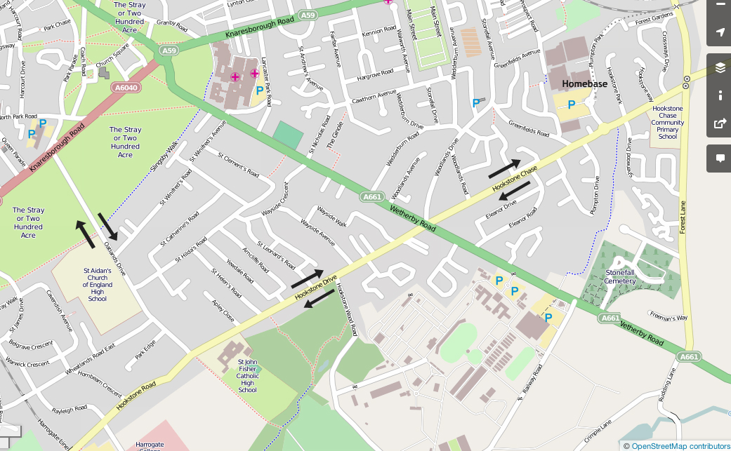 Map showing Oatlands Drive, Hookstone Drive & Hookstone Chase