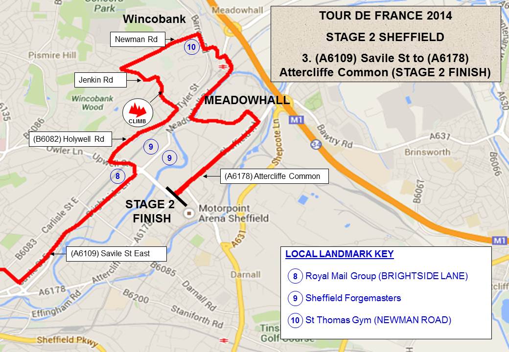 Map of Stage 2, Tour de France 2014 in Sheffield, from Savile Street to the finish line on Attercliffe Common Map of Stage 2, Tour de France 2014 in Sheffield, from Savile Street to the finish line on Attercliffe Common